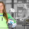 Abby Szymkowiak holding soccer ball and in action