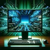 computer screen with tech illustrations