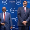 Sivan Adler and Alexander Scalcione at the awards ceremony with SUNY Chancellor John B. King Jr. (left) and SUNY Fredonia President Stephen H. Kolison Jr.