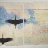 “Migration Lilienthal Storks 1,” intaglio monoprint on handmade pulp-painted Gampi/Kozo mounted on antique Map printed on handmade paper. Diptych, 18"x25", 2025.