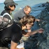 Geology majors Nicky Flores (left) and Shaun Sanders (bottom) trace a fossil-rich layer of shale with Dr. Thomas Hegna in rocks along the Lake Erie shoreline.